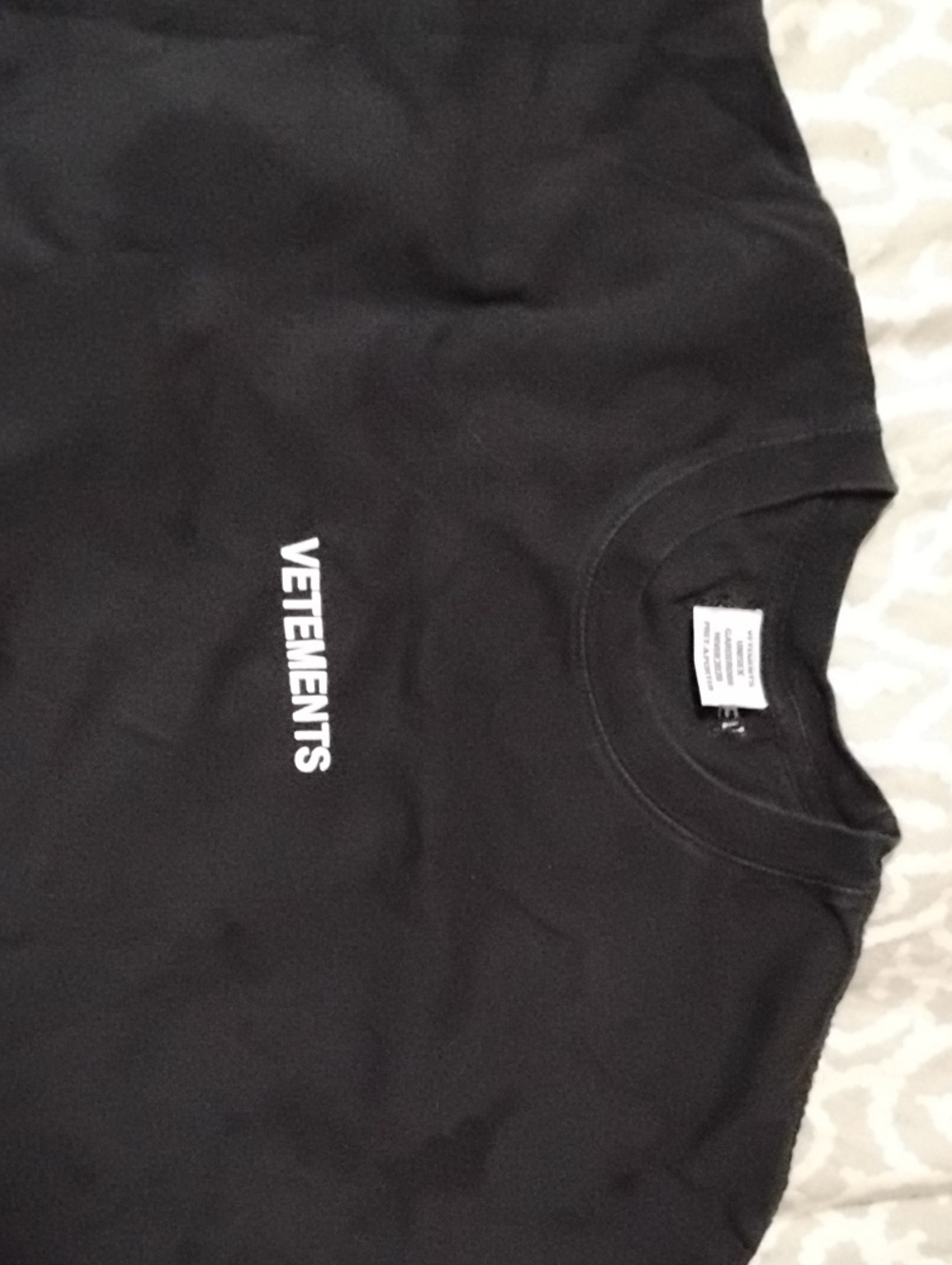 Vetements Black Short Sleeve Tee with White Vertical Logo